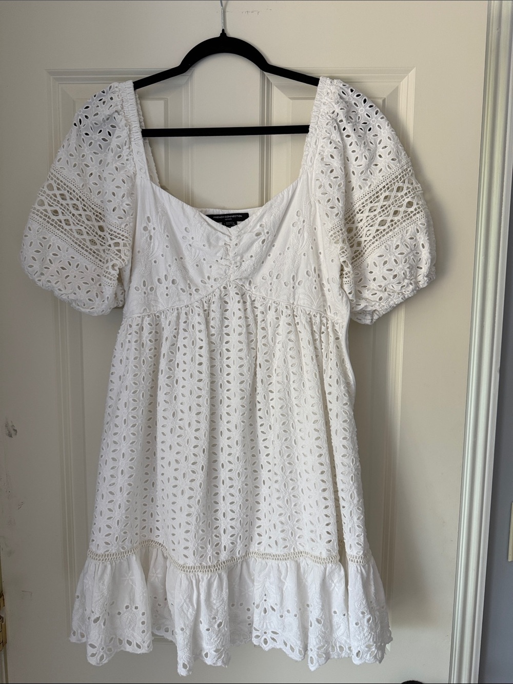 French Connection White Eyelet Puff-Sleeve Mini Dress